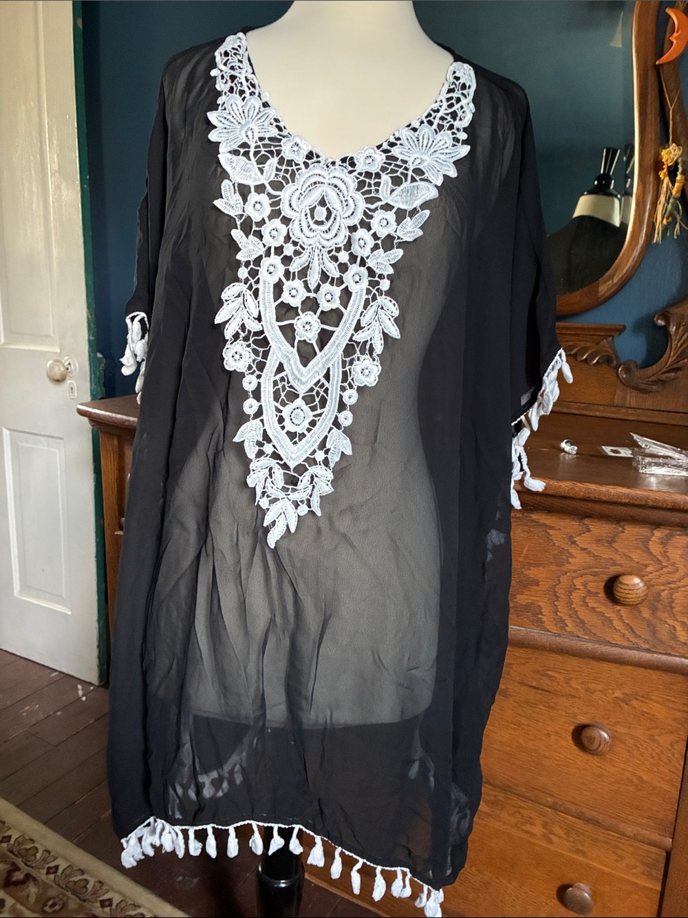 Black Sheer Swim Cover-Up with White Crochet Detail